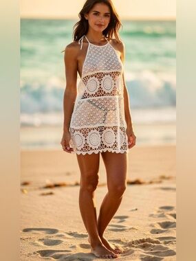 Hollister White Crochet Halter Cover Up Mini Dress